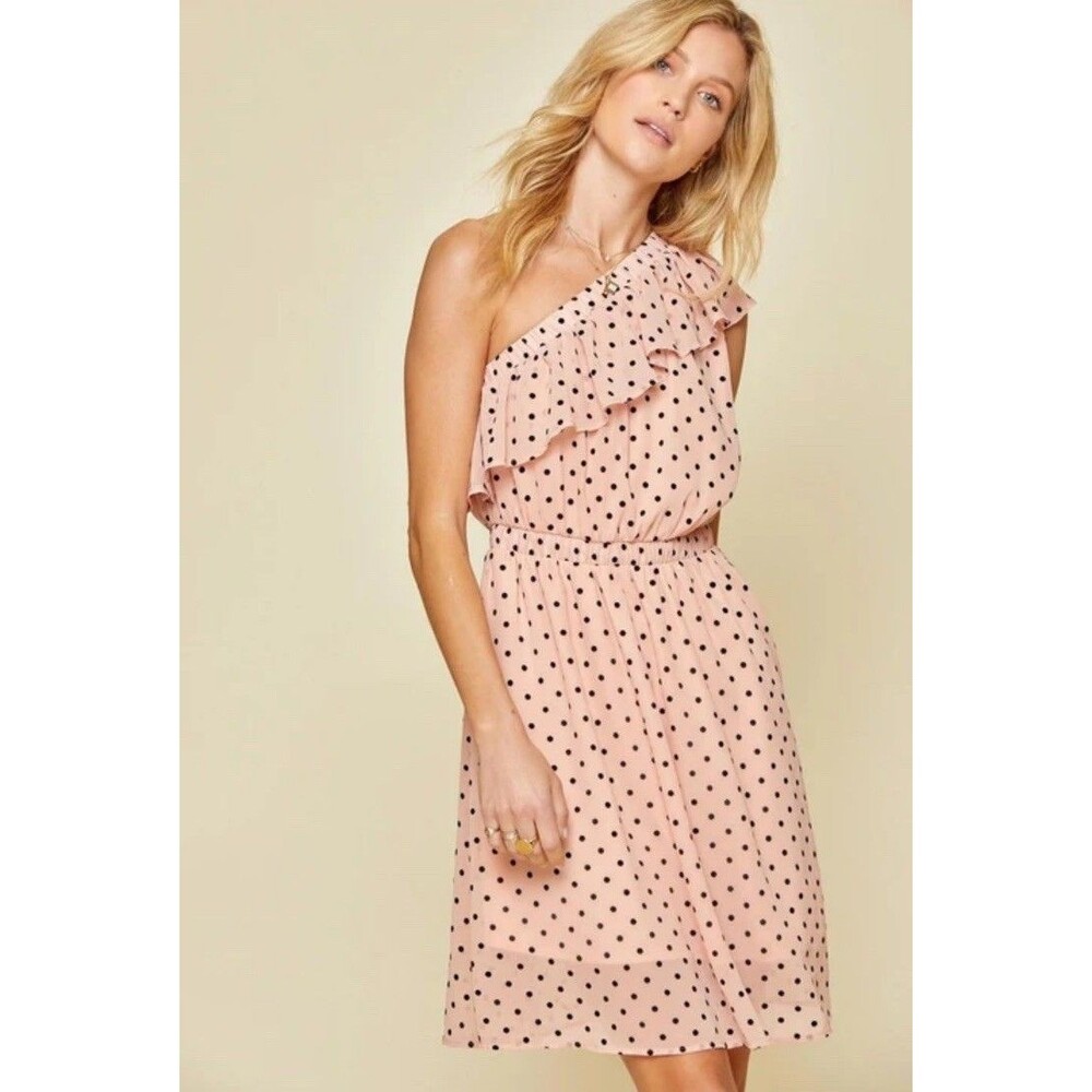 Andree By Unit Peach Black Polk Dot One Shoulder Ruffle Mini Dress Large NWT’s
